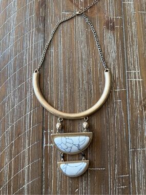 Gold-tone White Marble Pendant Statement Necklace - Women Jewelry